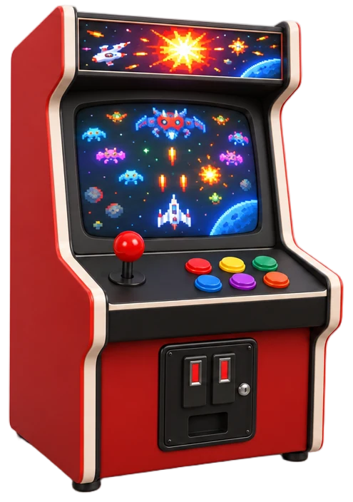 Máquina recreativa roja con un matamarcianos en pantalla