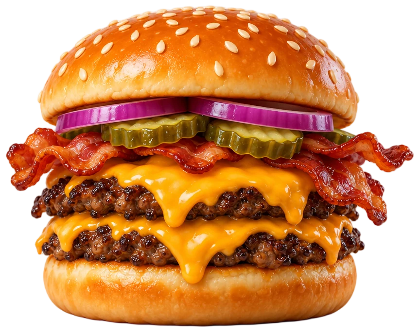 Doble smash burger con cheddar fundido, bacon, pepinillo y cebolla morada