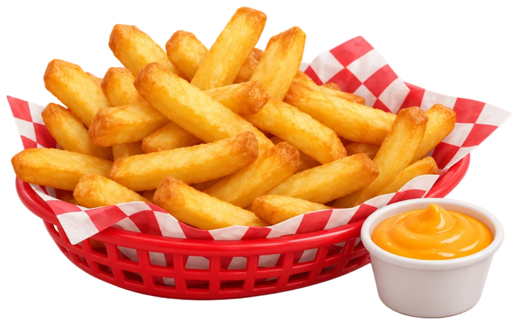 Cesta roja de patatas fritas con salsa cheddar