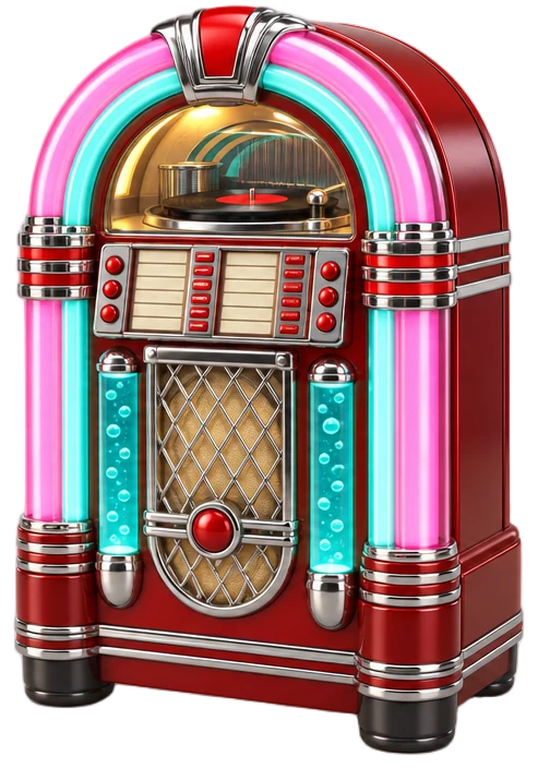 Jukebox roja con neones rosa y turquesa